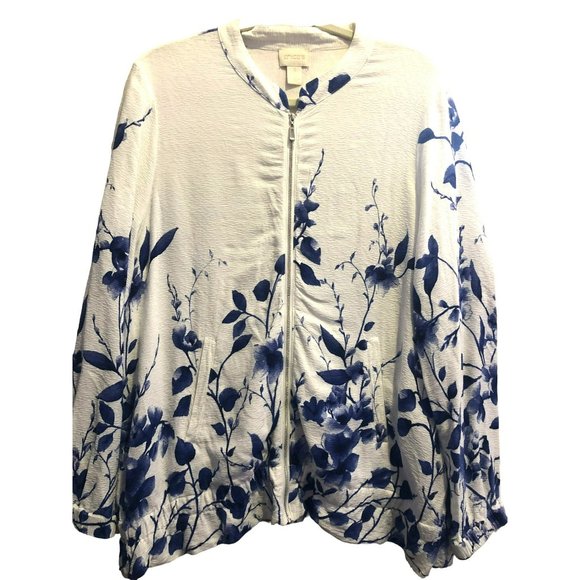 Chico's Women's SZ 3 Zip Up Lightweight Jacket w/Pockets, white and blue - Picture 1 of 6